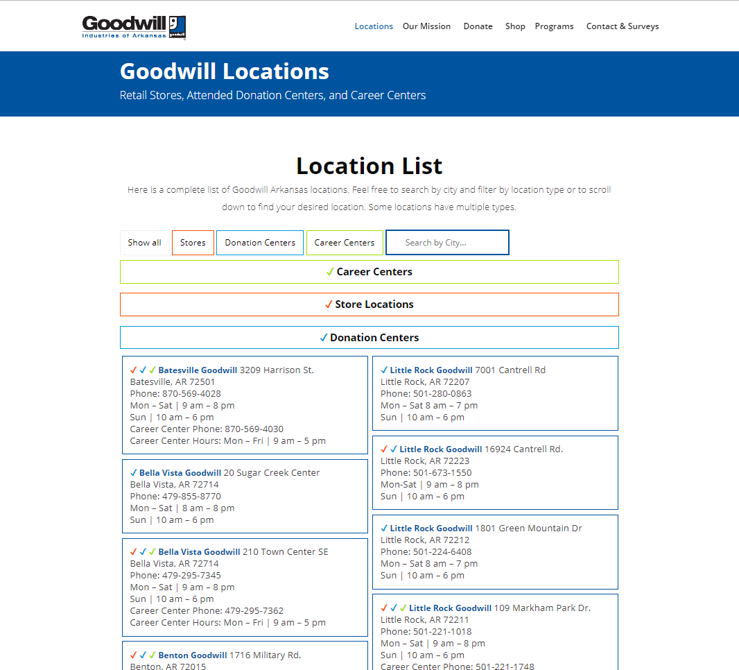 Screenshot of the filterable store locator page. Store locations matching the search are listed in a grid.